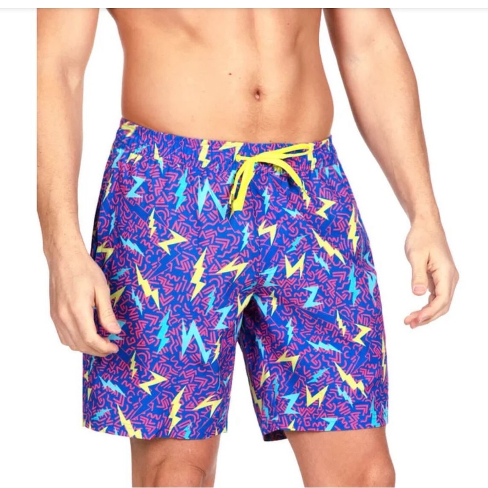 Tipsy Elves Grease Lightening Swim Trunks Small 4 Way Stretch Bolt Print
